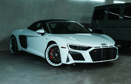audi r8 2022 20 21 inch 21in 20in staggered forged three piece spec3 agl43 mesh concave multi spoke wheels rims gloss black colormatched white lip vossen rotiform velos velgen adv1 al13 anrky mvforged luxury car cars euro hre