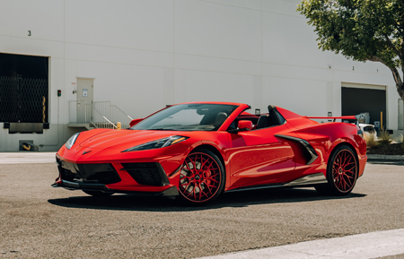 chevrolet chevy corvette c8 20 21 inch 21in 20in staggered forged three piece spec3 agl43 mesh concave multi spoke wheels rims gloss red carbon fiber lip pinstripe vossen rotiform velos velgen adv1 al13 anrky mvforged luxury car cars american muscle hre