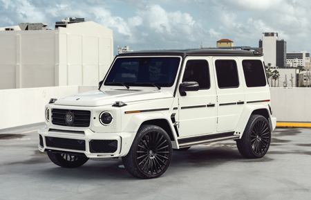 white 2019 mercedes-benz brabus g550 gwagen 24in 24inch agluxury wheels rims agl25 gloss black custom concave forged monoblock miami mccustoms multispoke