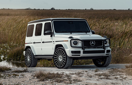 white 2019 mercedes-benz g550 gwagen 24in 24inch agluxury wheels rims agl25 two tone white black custom concave forged monoblock miami mccustoms multispoke