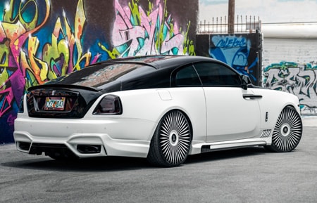 agluxury wheels agl45 rims customs concave forged monoblock two-tone gloss black white rolls-royce wraith wald widebody mccustoms miami